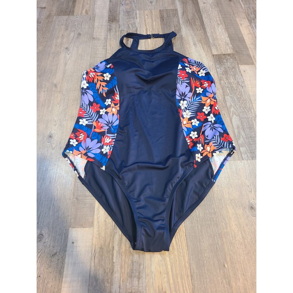D & co. beach 18w womens navy blue and floral pattern one piece swimsuit